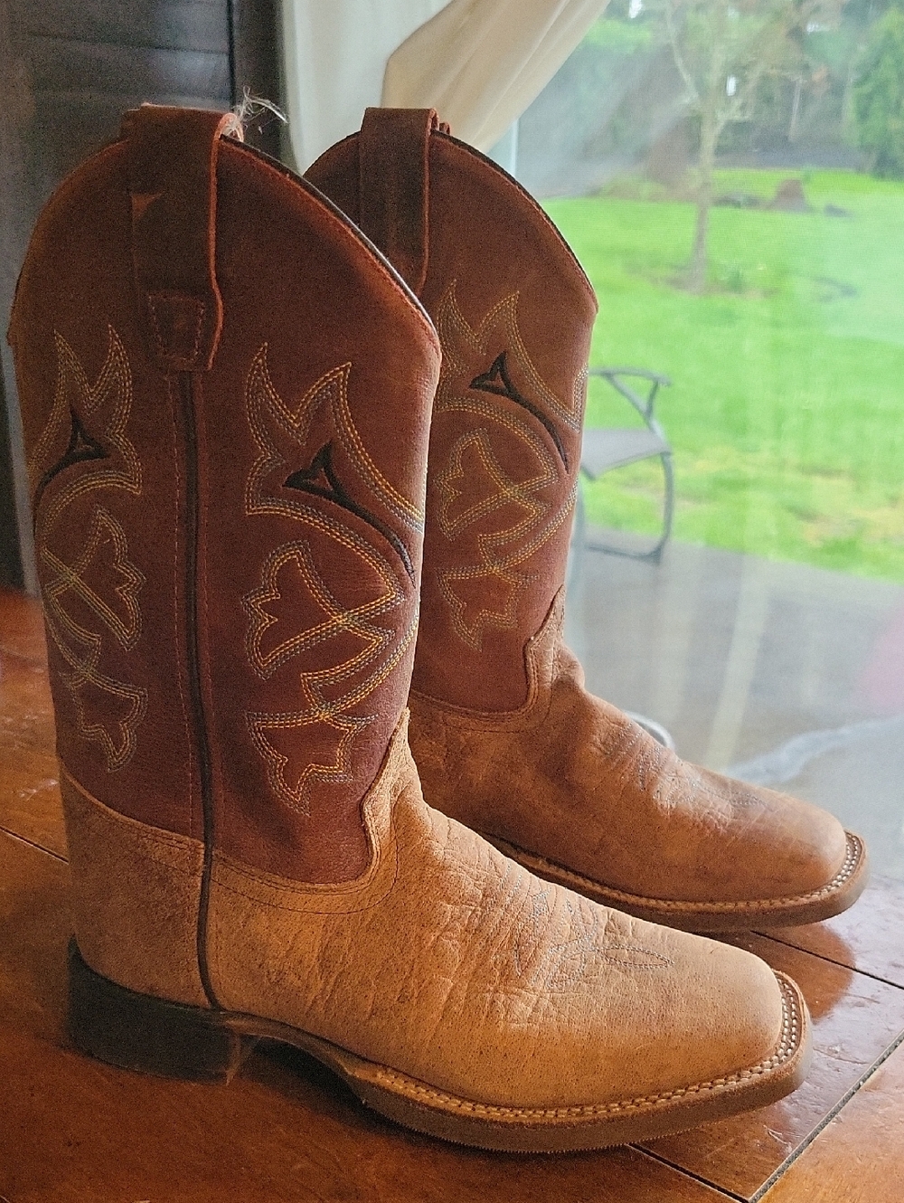 Old West Two-Tone Brown Cowboy Boots with Embroidered Shaft